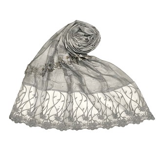 Net hijab with flower design and moti work - Dark grey